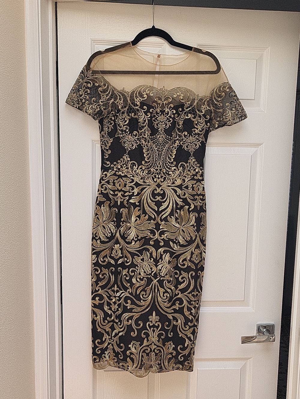 Marchessa Notte Elegant Black Midi Dress with Gold Embroidery